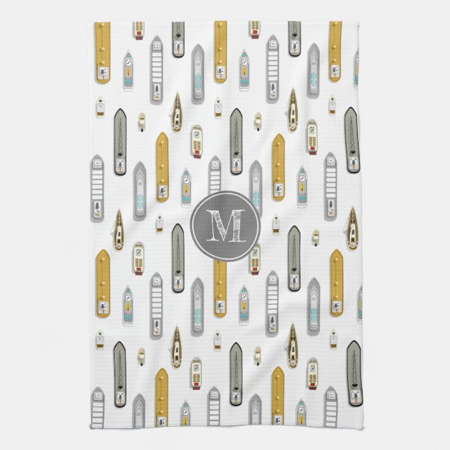 Nautical boats ships On the River white w monogram Kitchen Towel (Vertical)
