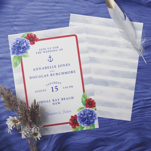 Nautical Boho White Red Floral Watercolor Wedding  Invitation