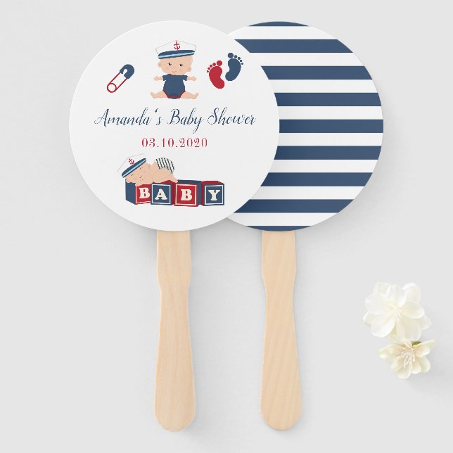 Nautical Boy Baby Shower Favor Hand Fan (Front and Back)