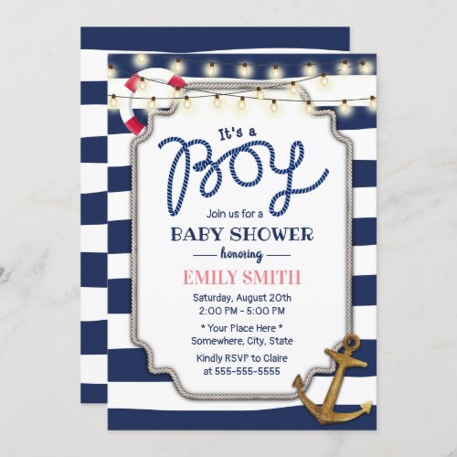 Nautical Boy Baby Shower Gold Anchor Navy Stripes Invitation