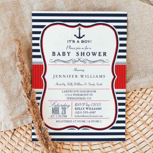 Nautical Boy Baby Shower Invite Navy and Red Invitation
