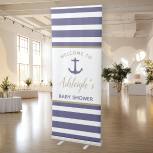Nautical Boy Baby Shower Navy Blue Anchor Striped Retractable Banner