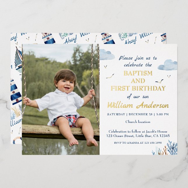 Nautical Boy Baptism and 1st Birthday Photo Foil Invitation (Front/Back)