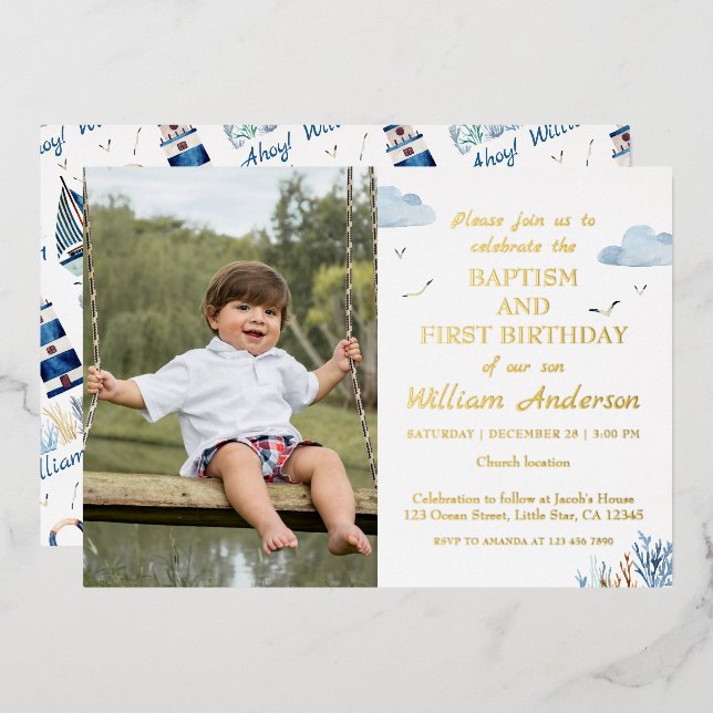 Nautical Boy Baptism and 1st Birthday Photo Foil Invitation (Front/Back)