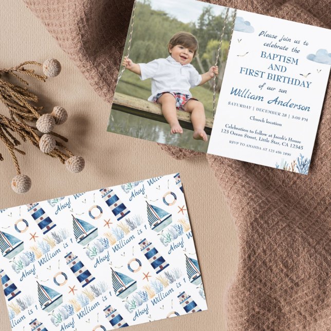 Nautical Boy Baptism and 1st Birthday Photo  Invitation (Creator Uploaded)