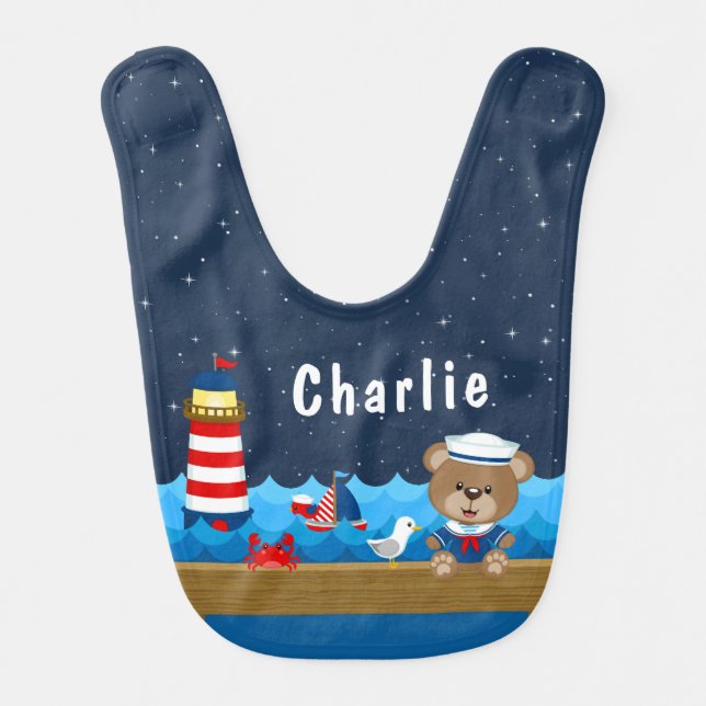 Nautical Boy Bear Red and Navy Baby Bib (Front)