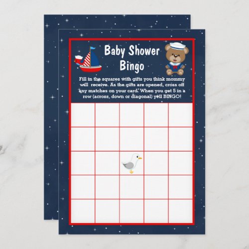 Nautical Boy Bear Red and Navy Baby Bingo Invitation