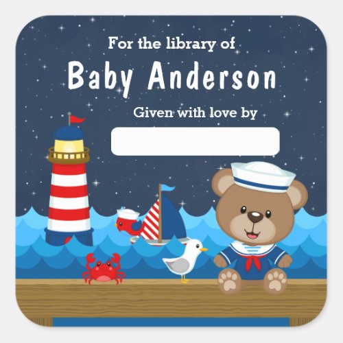 Nautical Boy Bear Red and Navy Baby Bookplate