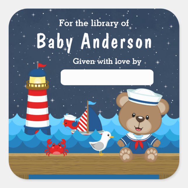 Nautical Boy Bear Red and Navy Baby Bookplate (Front)