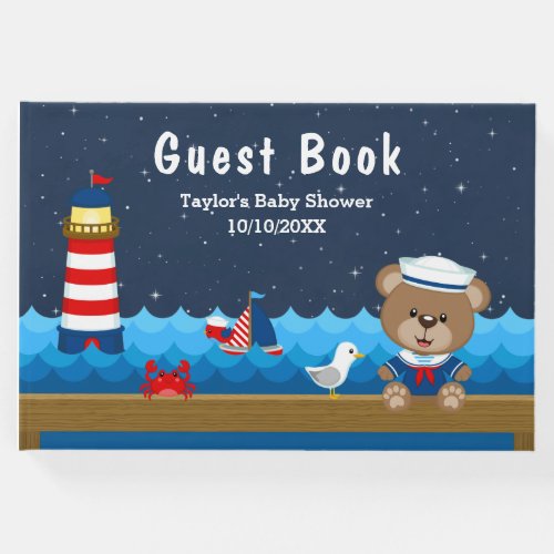 Nautical Boy Bear Red and Navy Baby Shower Guest Book