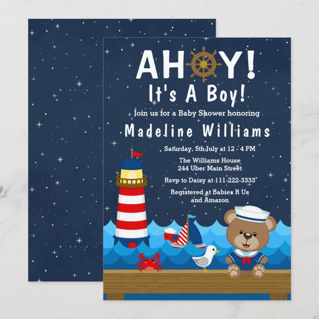 Nautical Boy Bear Red and Navy Baby Shower Invitation (Front/Back)