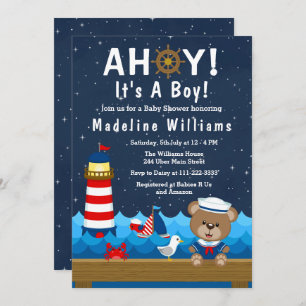 Nautical Boy Bear Red and Navy Baby Shower Invitation