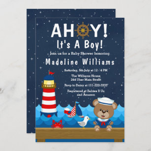 Nautical Boy Bear Red and Navy Baby Shower Invitation