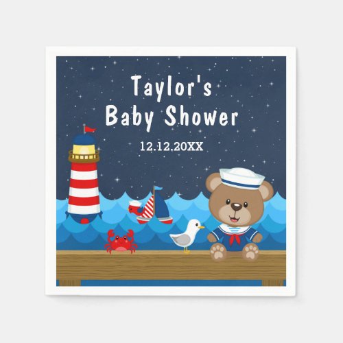 Nautical Boy Bear Red and Navy Baby Shower Napkins