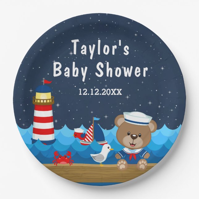 Nautical Boy Bear Red and Navy Baby Shower Paper Plates (Front)