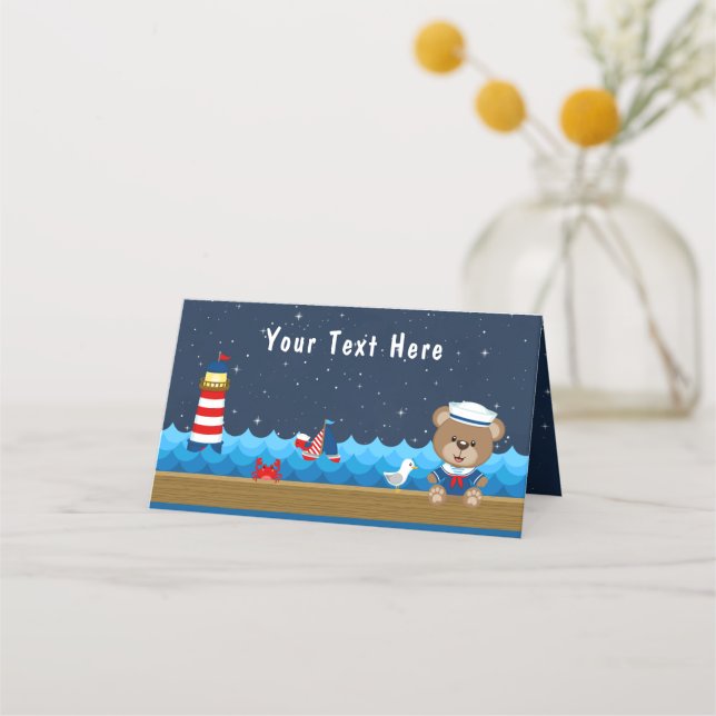 Nautical Boy Bear Red and Navy Baby Shower Place Card (Front)
