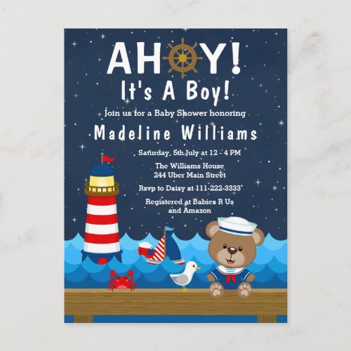 Nautical Boy Bear Red and Navy Baby Shower Postcard