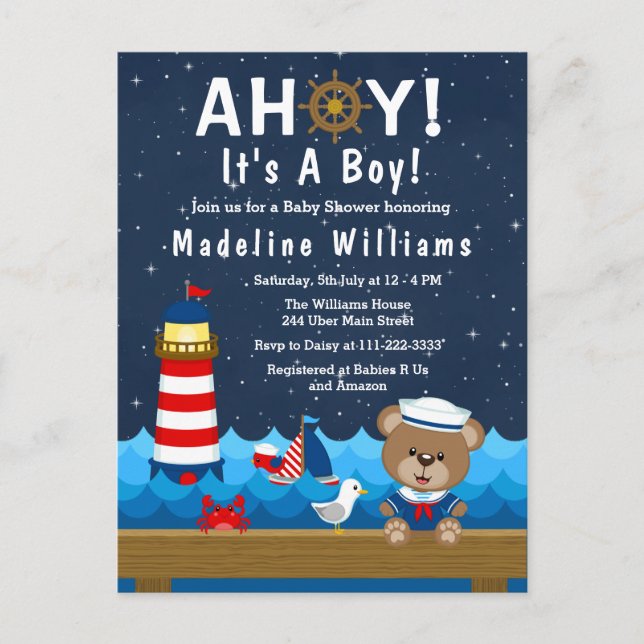 Nautical Boy Bear Red and Navy Baby Shower Postcard (Front)