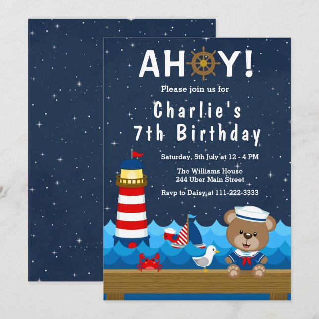 Nautical Boy Bear Red and Navy Birthday Party Invitation (Front/Back)