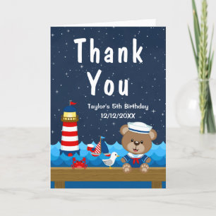 Nautical Boy Bear Red and Navy Birthday Party Letterpress Thank You Card
