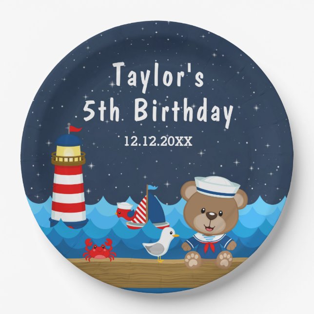 Nautical Boy Bear Red and Navy Birthday Party Paper Plates (Front)
