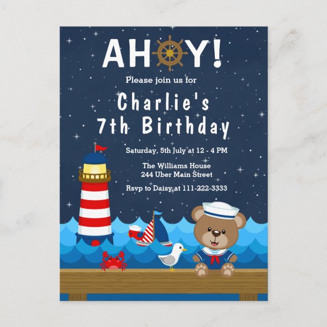 Nautical Boy Bear Red and Navy Birthday Party Postcard (Front)