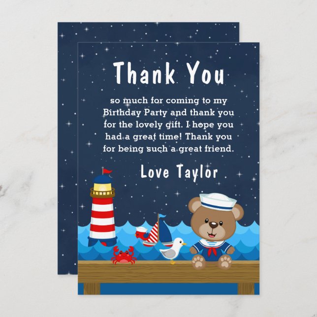 Nautical Boy Bear Red and Navy Birthday Party Thank You Card (Front/Back)
