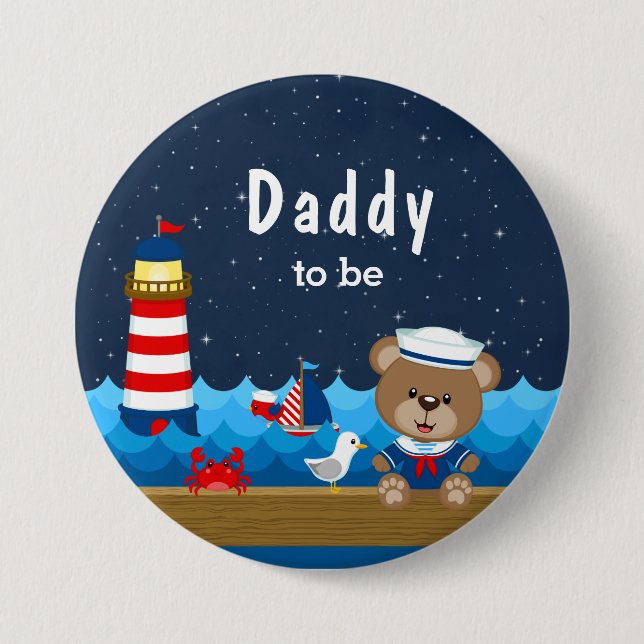 Nautical Boy Bear Red and Navy Daddy To Be Button (Front)