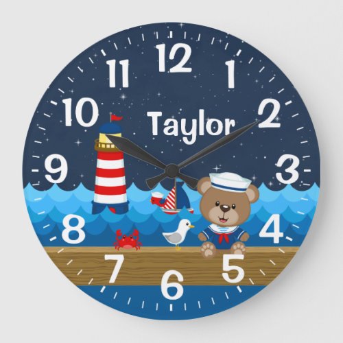 Nautical Boy Bear Red and Navy Large Clock