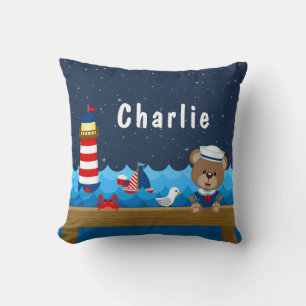 Nautical Boy Bear Red and Navy Throw Pillow
