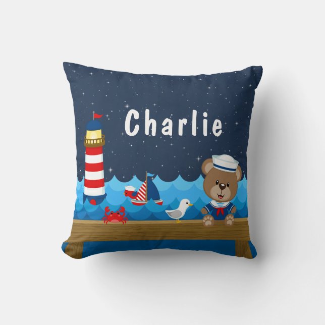 Nautical Boy Bear Red and Navy Throw Pillow (Front)