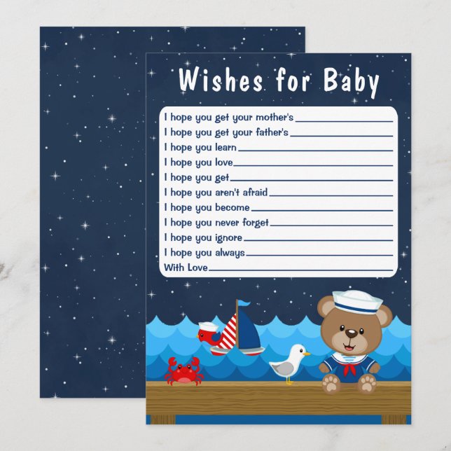 Nautical Boy Bear Red and Navy Wishes For Baby Invitation (Front/Back)