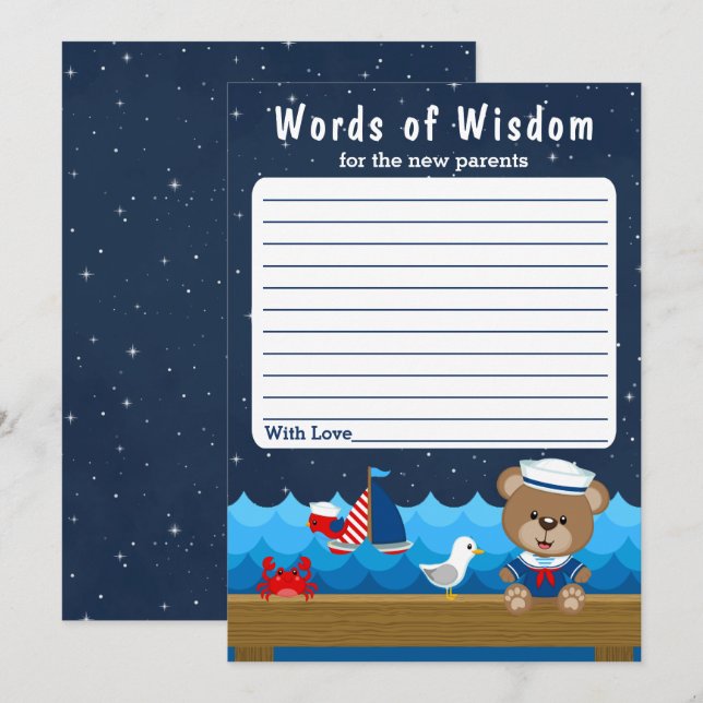 Nautical Boy Bear Red and Navy Words of Wisdom Invitation (Front/Back)