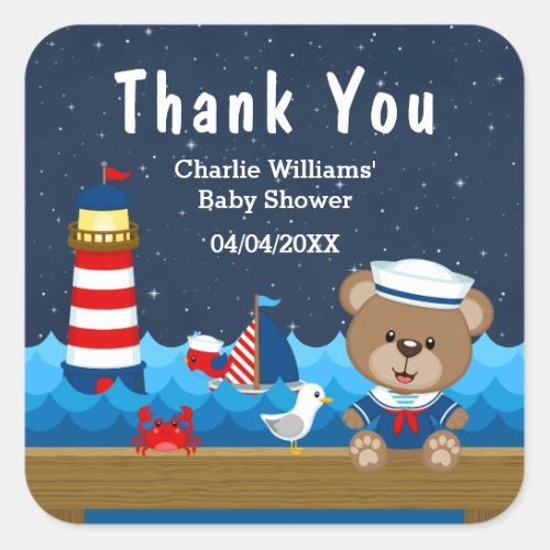 Nautical Boy Bear Red Baby Shower Thank You Square Sticker