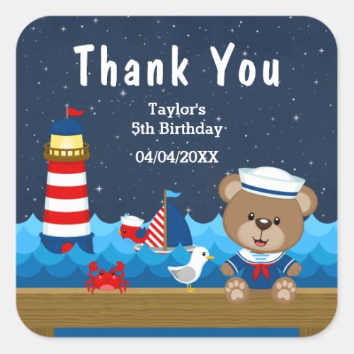 Nautical Boy Bear Red Birthday Party Thank You Square Sticker