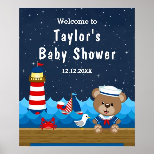 Nautical Boy Bear Red Navy Baby Shower Welcome Poster