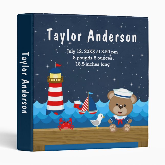 Nautical Boy Bear Red Navy Birth Statistics 3 Ring Binder (Front/Spine)