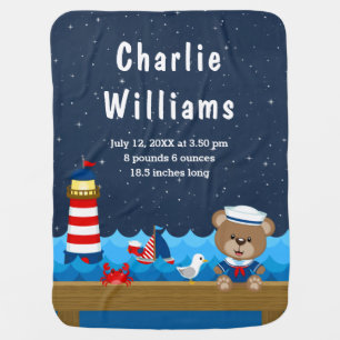 Nautical Boy Bear Red Navy Birth Statistics Baby Blanket