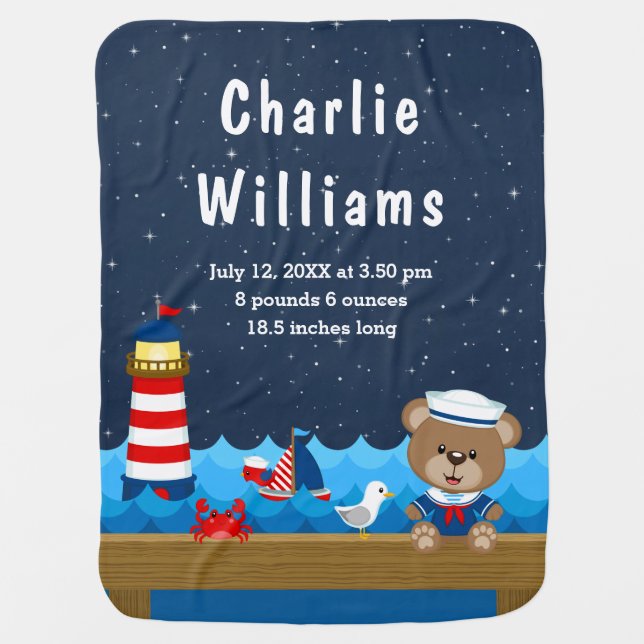 Nautical Boy Bear Red Navy Birth Statistics Baby Blanket (Front)