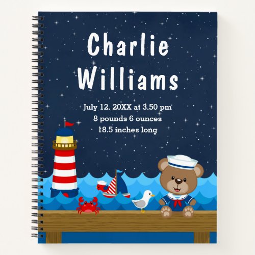 Nautical Boy Bear Red Navy Birth Statistics Notebook