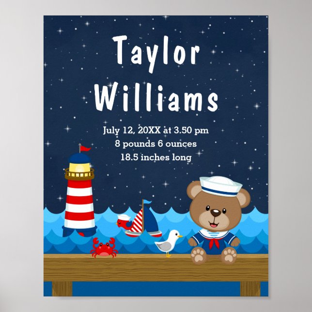 Nautical Boy Bear Red Navy Birth Statistics Poster (Front)