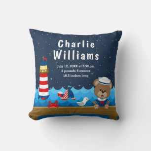Nautical Boy Bear Red Navy Birth Statistics Throw Pillow
