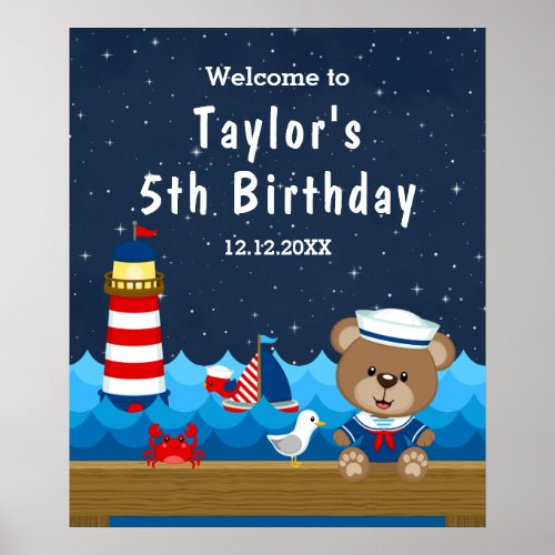 Nautical Boy Bear Red Navy Birthday Welcome Poster