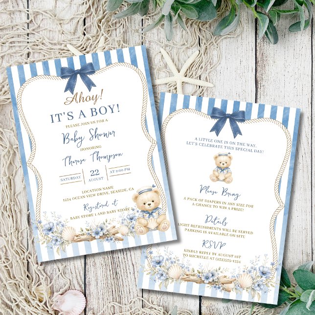 Nautical Boy Blue Sailor Bear Baby Shower Invitation (Nautical Boy Blue Sailor Bear Baby Shower Invitation)