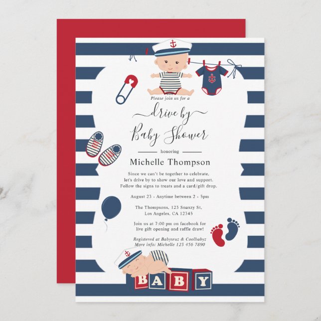 Nautical Boy Drive By Baby Shower Invitation (Front/Back)