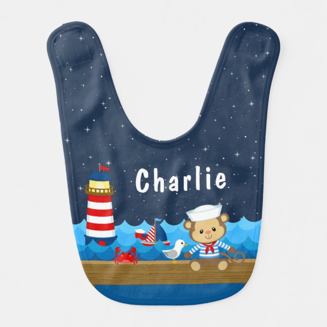 Nautical Boy Monkey Red and Navy Baby Bib (Front)