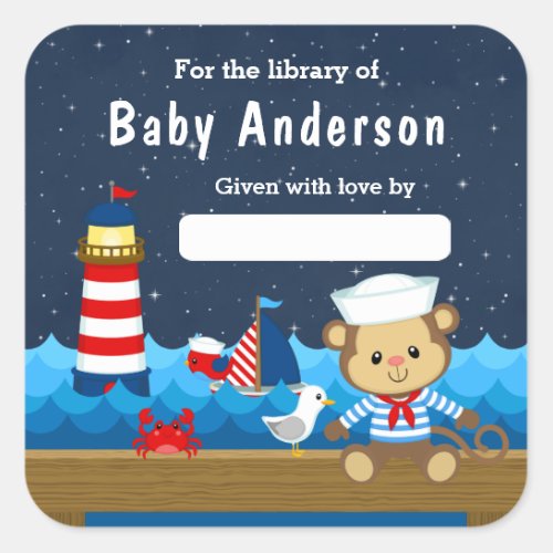 Nautical Boy Monkey Red and Navy Baby Bookplate