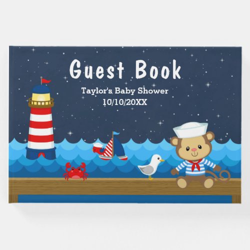 Nautical Boy Monkey Red and Navy Baby Shower Guest Book