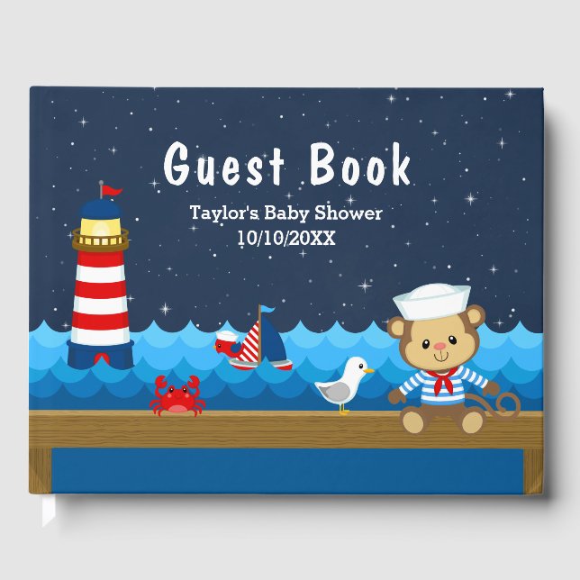 Nautical Boy Monkey Red and Navy Baby Shower Guest Book (Front)
