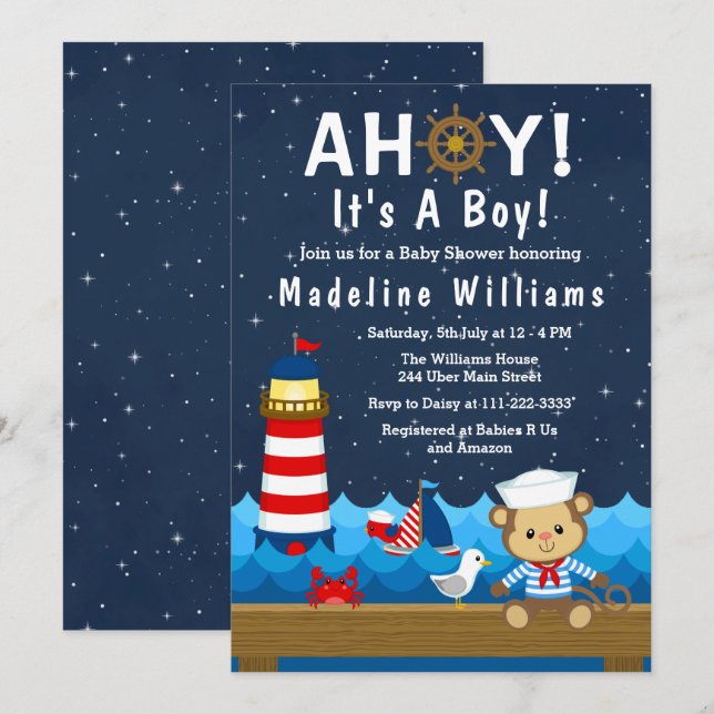 Nautical Boy Monkey Red and Navy Baby Shower Invitation (Front/Back)